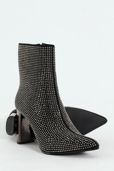 Sock Boots Black Ankle Boots With Diamante Diamante Mesh Pointed