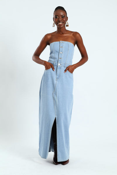 Strapless Denim Corset Midi Dress Stonewash – LEGiT
