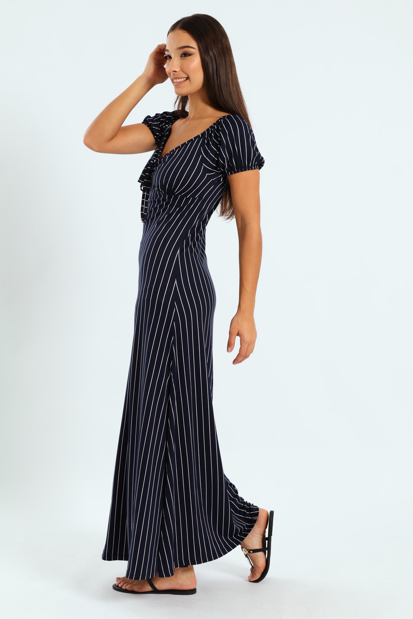Fit And Flare Tie Front Stripe Maxi Dress