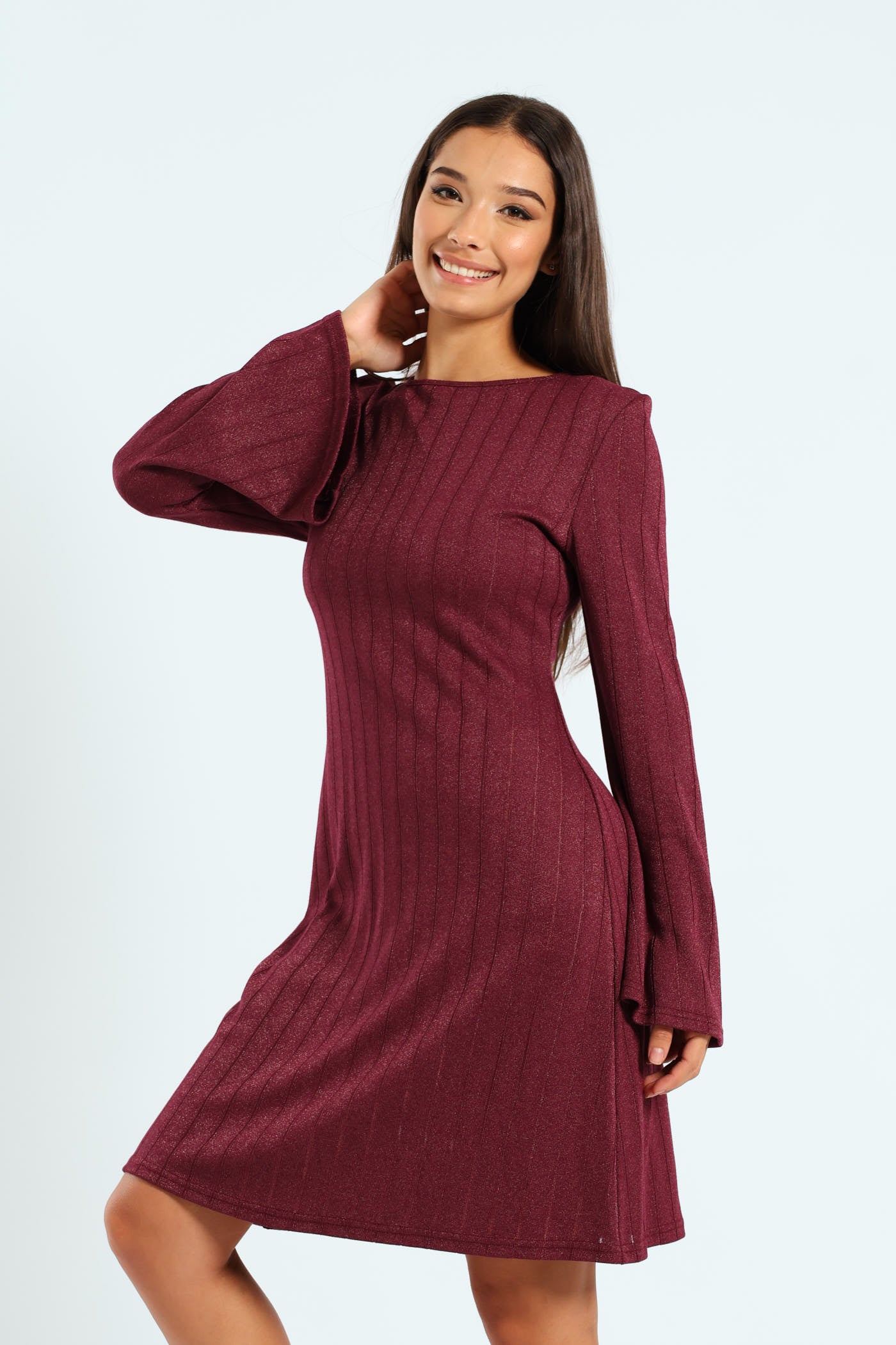 Long Sleeve Flare Ribbed Dress - Port LEGiT Long Sleeve Flare Ribbed Dress - Port LEGiT