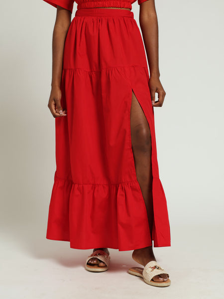 Tiered Poplin Midi Skirt Red – LEGiT