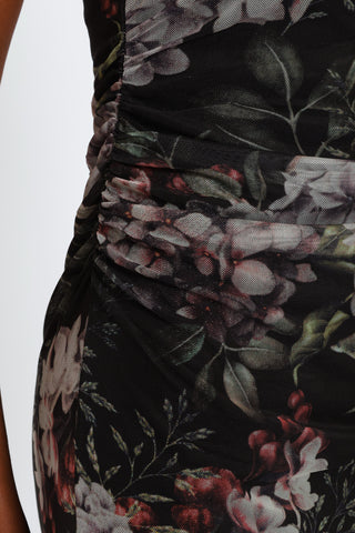 Sleeveless High Neck Gauge Midi Dress - Floral