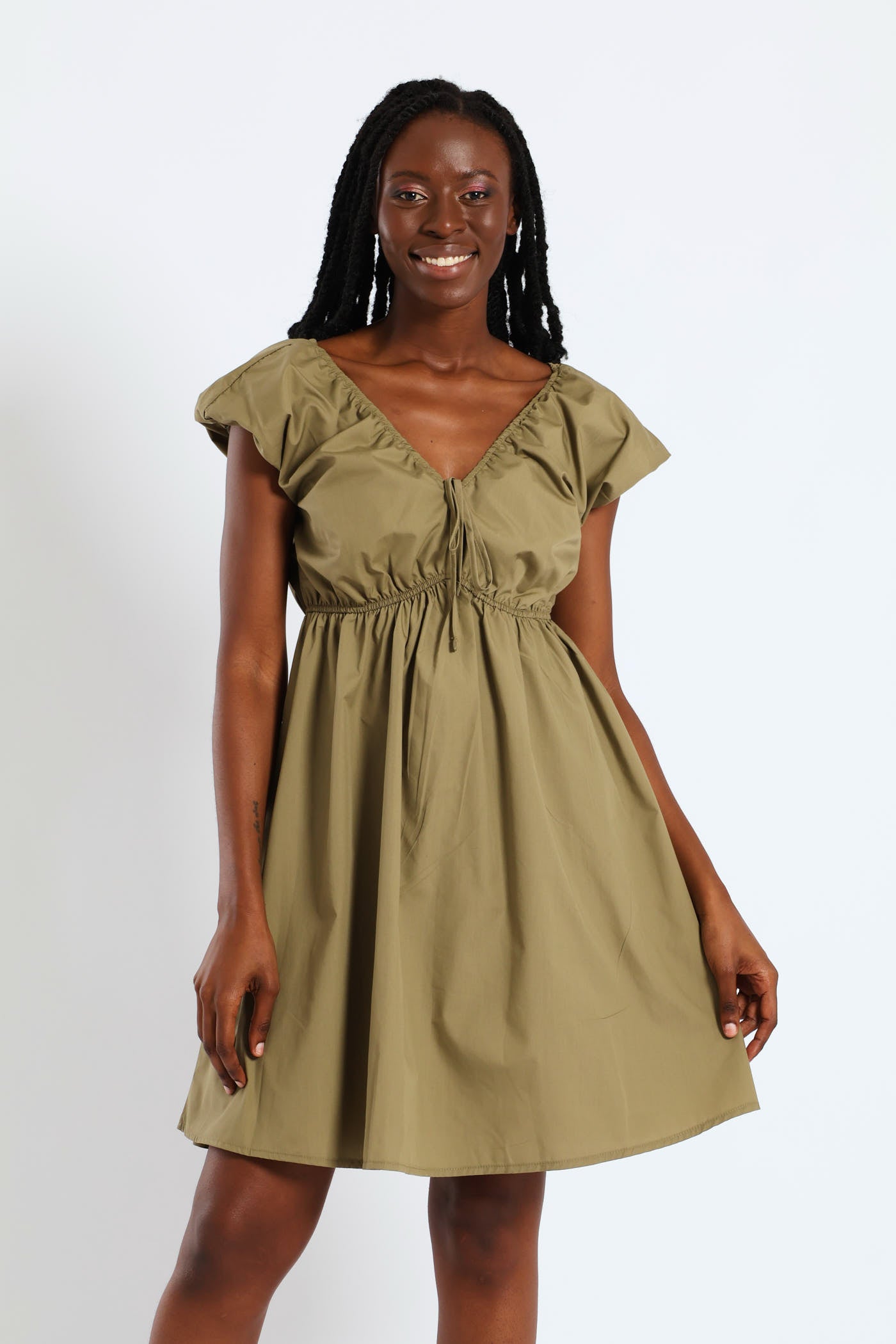 Puff Sleeve Tie Front Mini Dress - Olive LEGiT Puff Sleeve Tie Front Mini Dress - Olive LEGiT