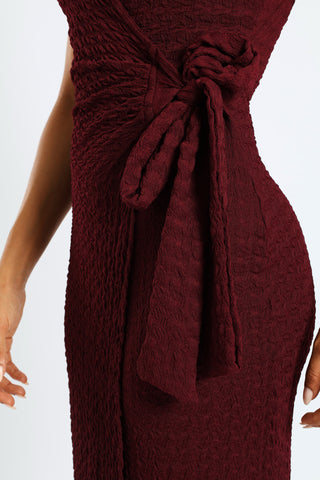 Sleeveless Wrap Textured Knit Dress - Burgundy