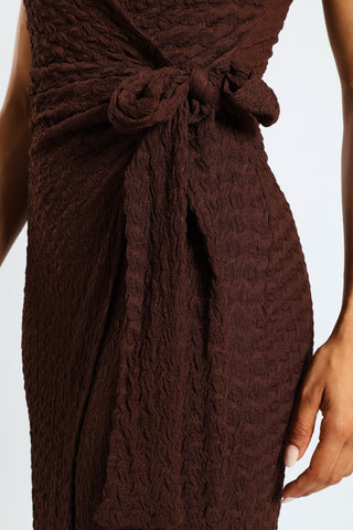 Sleeveless Wrap Textured Knit Dress - Brown