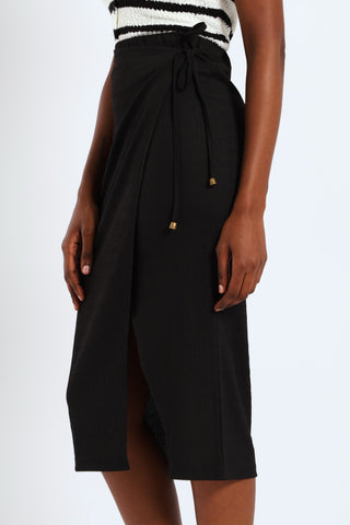 Crinkle Knit Wrap Midi Skirt - Black