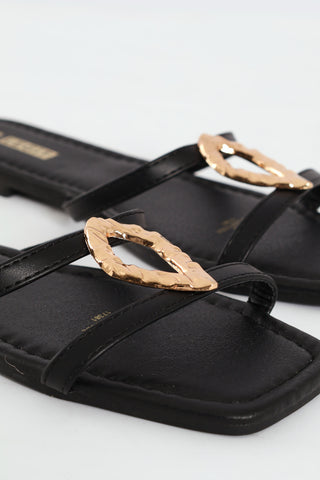 Elaborate Trim Double-Strap Flat Sandal - Black
