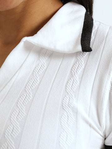 Short Sleeve Seamless Cable Golfer - White