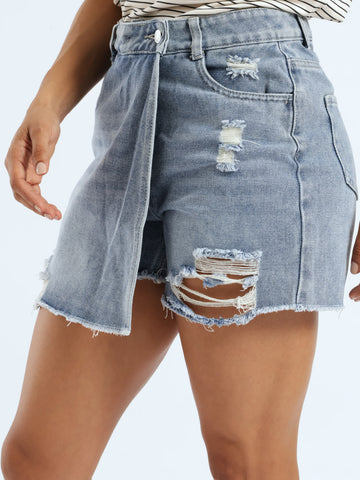 Abraised Button Detail Skort - Salty Dark Wash