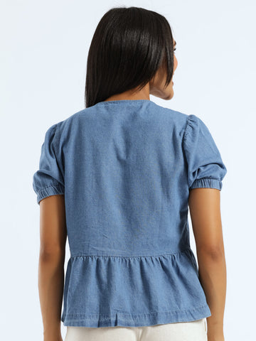 Tie Front Lightweight Denim Peplum Top - Medium Wash