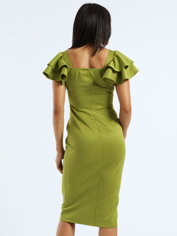 Short Sleeve Wide Frill Bodycon Dress - Green