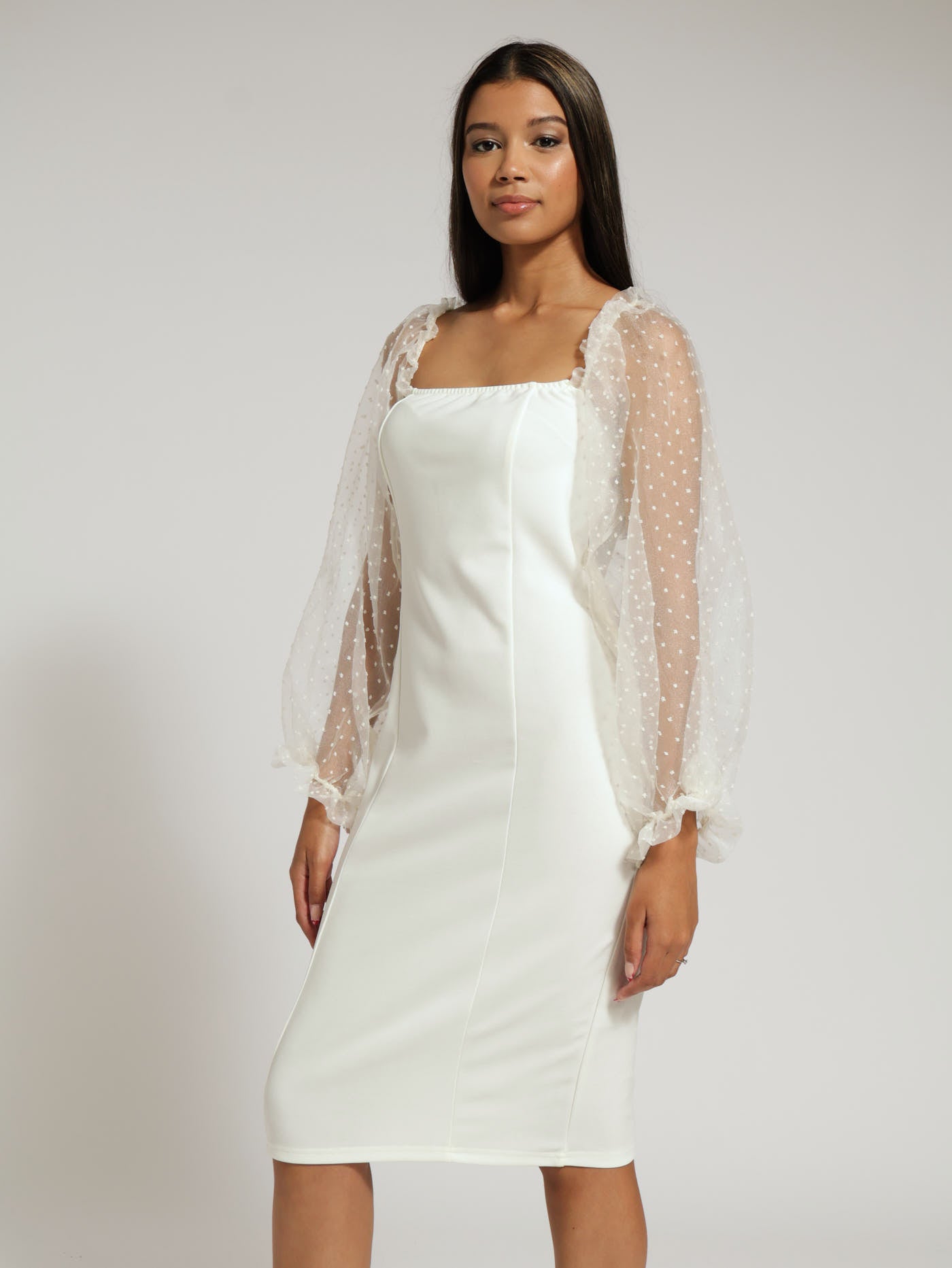 Elstic Tier Frill Sleeve Detail Bodycon Dress - Cream LEGiT Elstic Tier Frill Sleeve Detail Bodycon Dress - Cream LEGiT