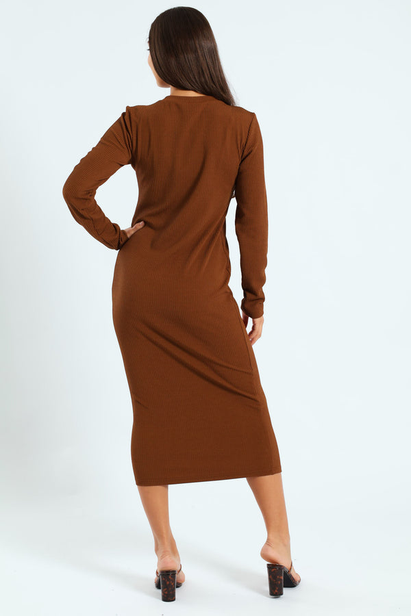 Hugging Dress Long Sleeve Ribbed Figure Hugging Bodycon Dress - Brown – LEGiT