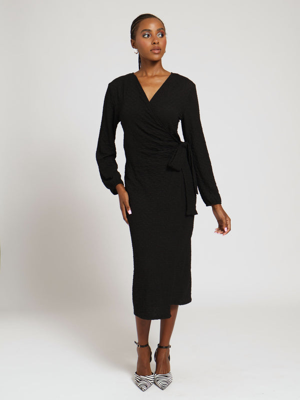 Long Sleeve Textured Knit Wrap Midi Dress