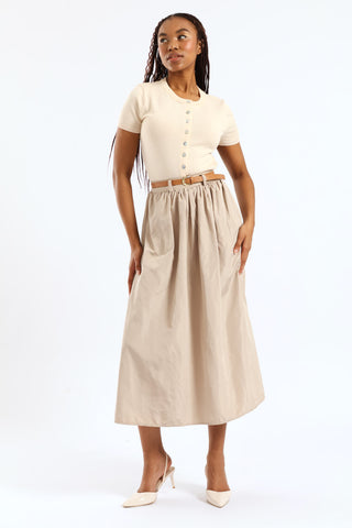 Belted Flared Midi Skirt - Beige