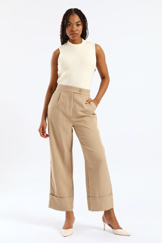 Slim Leg Turn Up Pants - Taupe