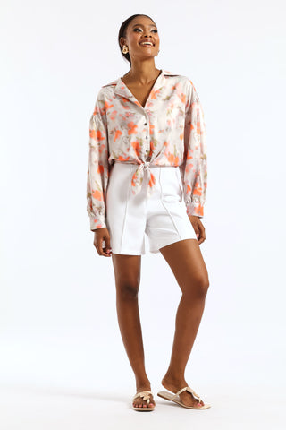 Long Sleeve Cropped Tie Front Detail Shirt - Floral