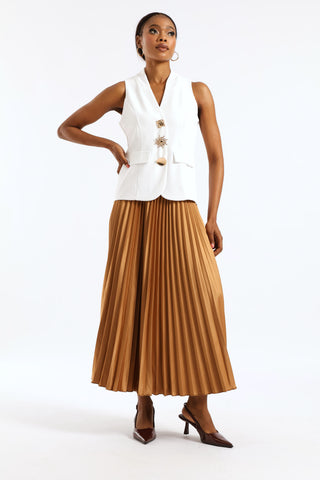 Long Length Pleated Skirt - Tan