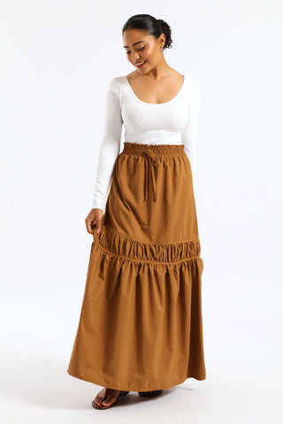 Shirred Tie Poplin Midaxi Skirt - Brown