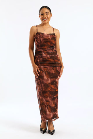 Strappy Mesh Ruched Midi Dress - Multi