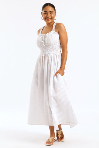 Shirred Waist Check Midi Dress - White