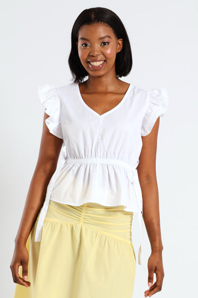 Frill Sleeve Tie Waist Poplin Blouse - White – LEGiT