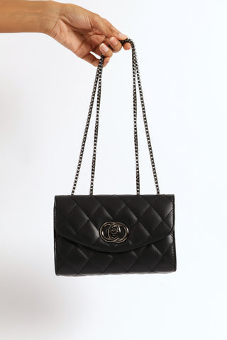 Interlink Clasp Quilted Satchel Bag - Black