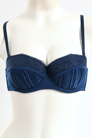 2 Pack Pleated Satin & Lace Balconette Bra - Black/Blue Pansy