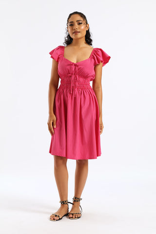 Striped Front Tie Elasticated Frill Sleeve Mini Dress - Multi