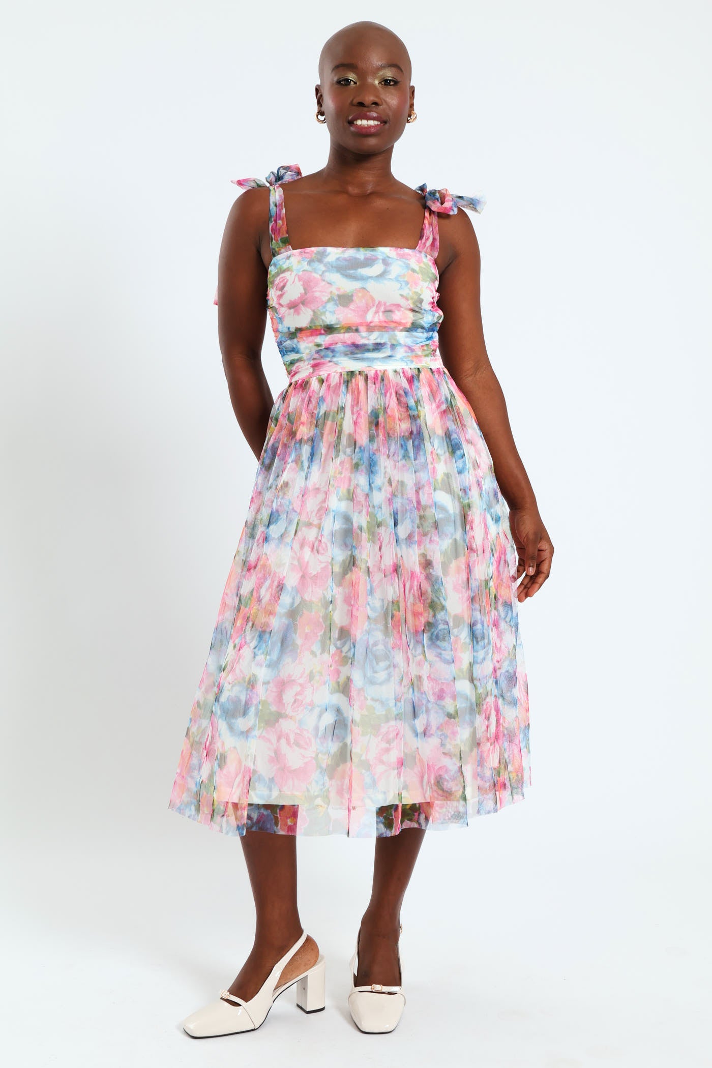 Gauged Mesh Bodice Tie Strap Prom Dress Multi LEGiT