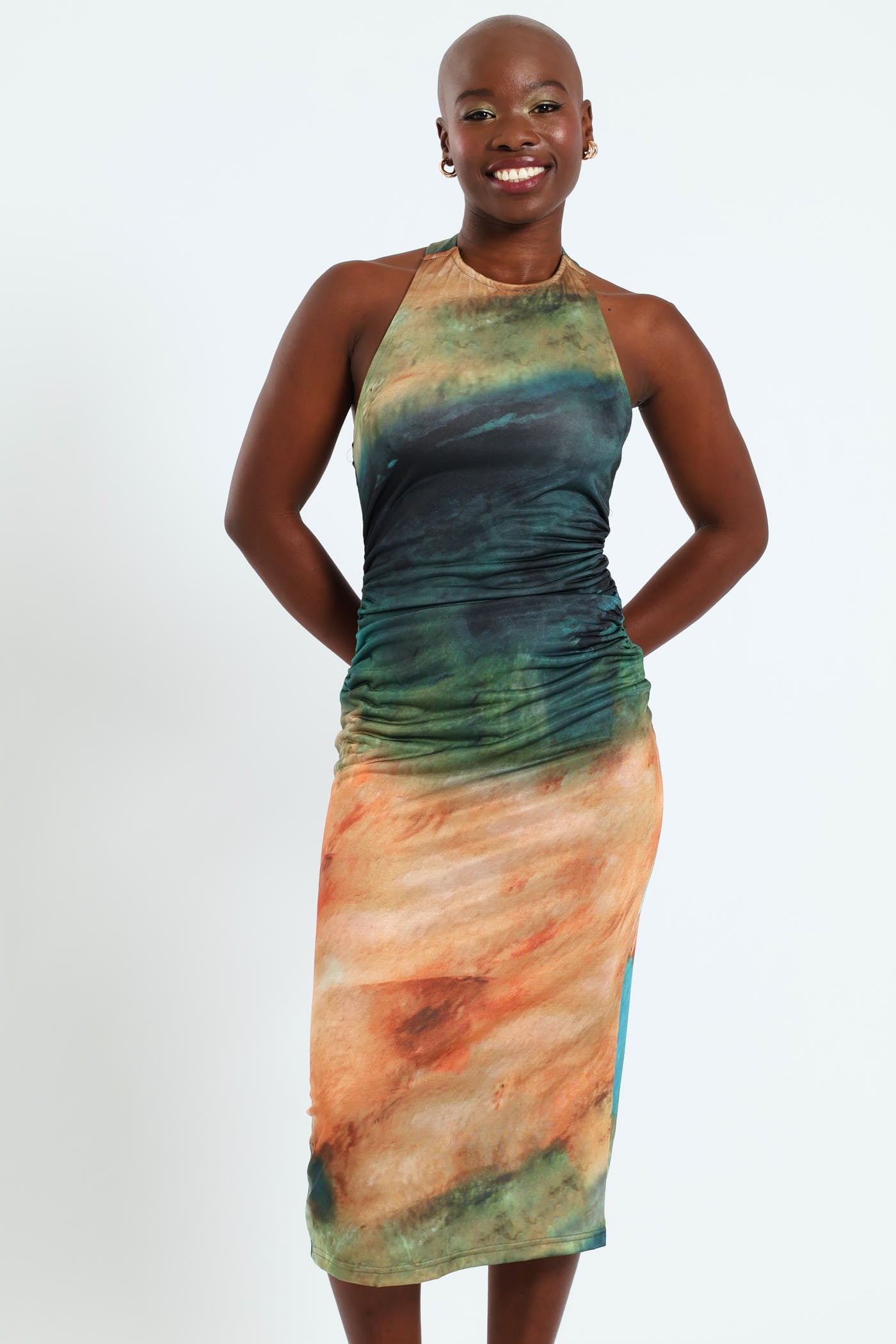 Hi Neck Gauged Midi Dress Multi LEGiT