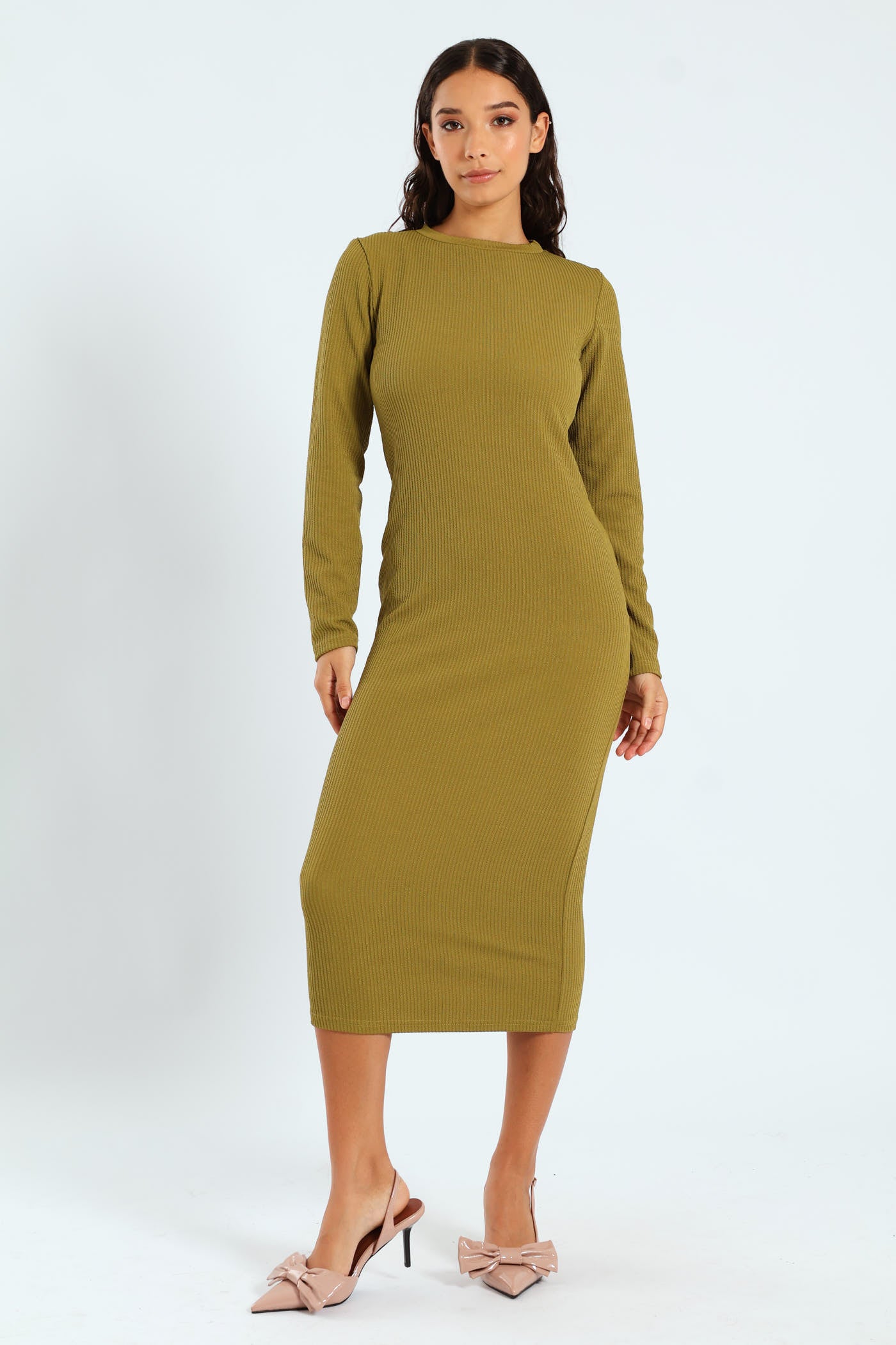 Long Sleeve Ribbed Figure Hugging Bodycon Dress - Moss Green LEGiT Long Sleeve Ribbed Figure Hugging Bodycon Dress - Moss Green LEGiT
