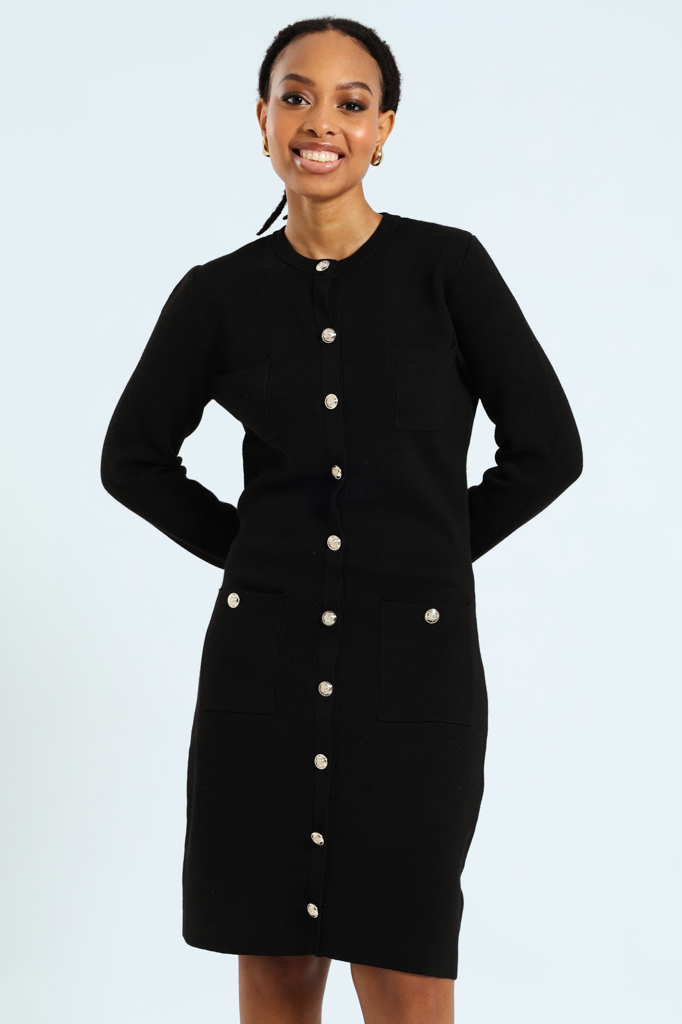 Long Sleeve Fancy Button Knitwear Dress - Black LEGiT Long Sleeve Fancy Button Knitwear Dress - Black LEGiT