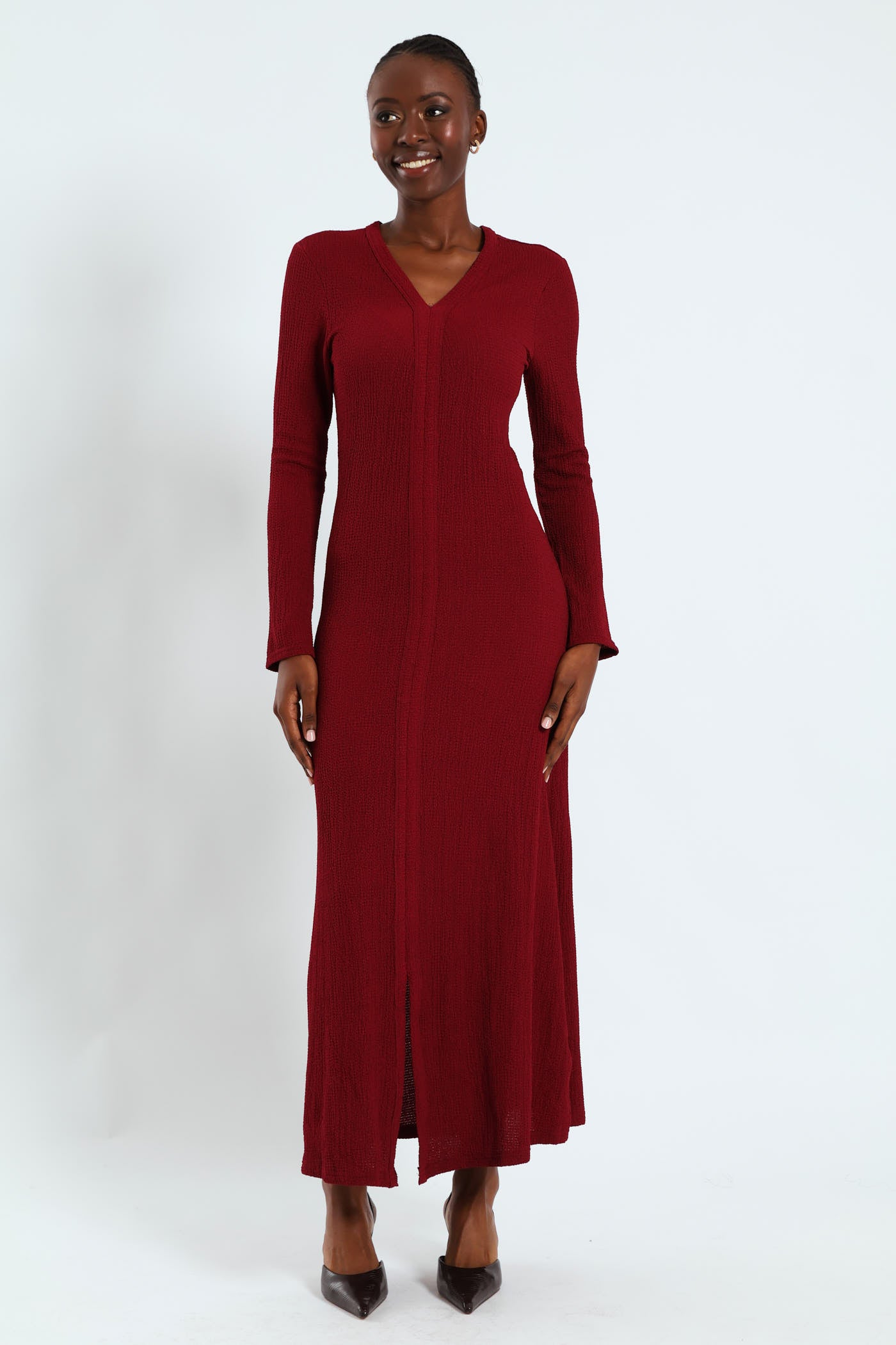 midi dress near me TBBC Girls' Macie Length Measured Flat = 42Self Long Sleeve Burgundy Dress Near