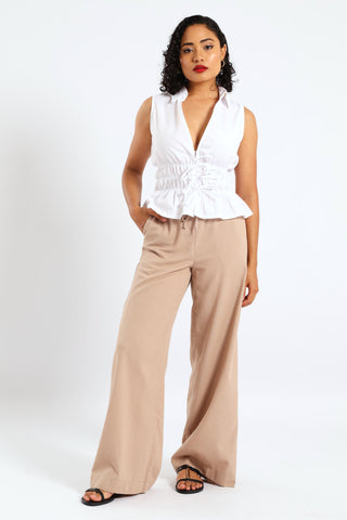 Wideleg Linen Look Self Tie Pants - Beige