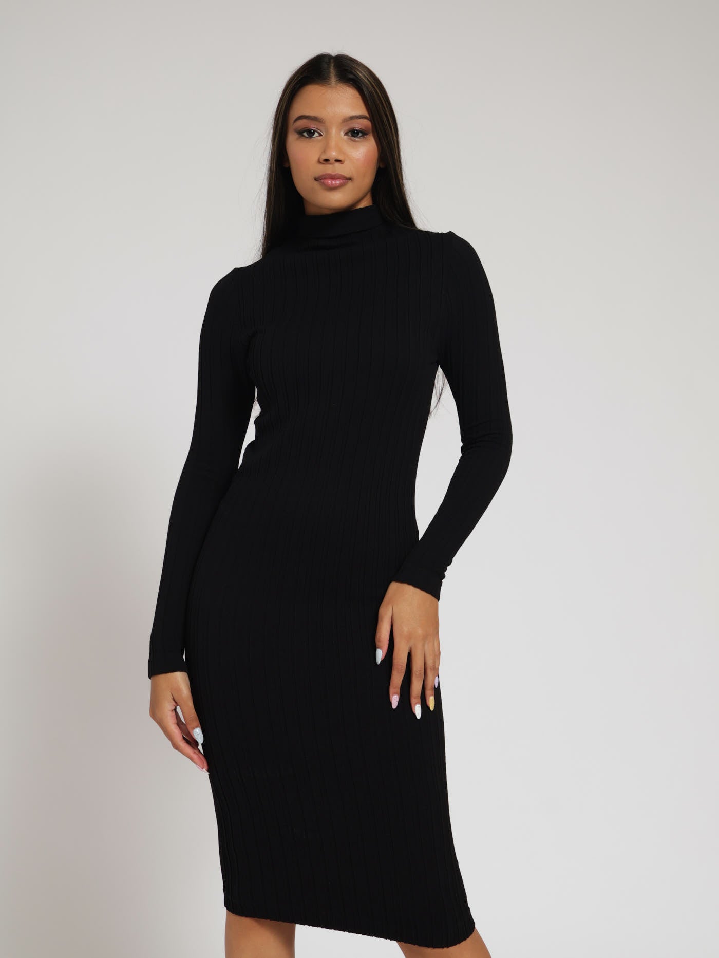 Long Sleeve Seamless Turtle Neck Midi Dress Black – LEGiT