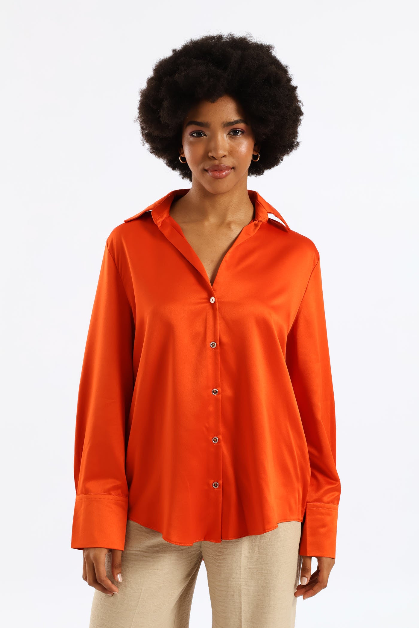 Long Sleeve Satin Button Through Shirt Orange – LEGiT