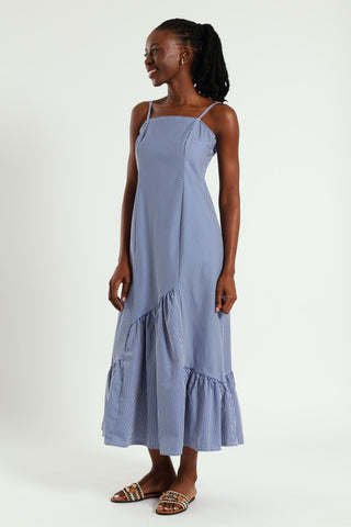 Strappy Asymmetrical Tier Detail Maxi Dress - White/Blue