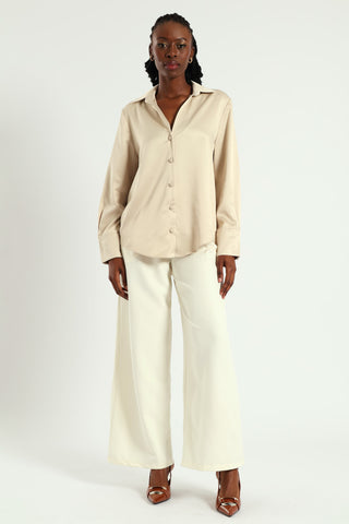 Long Sleeve Satin Button Through Shirt - Taupe