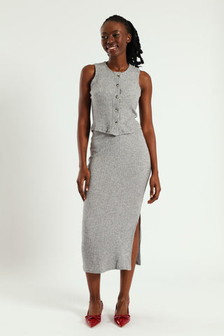 Textured Knit Button Front Top - Grey Melange