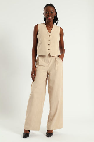 Wideleg Pinstripe Pants - Beige/Black