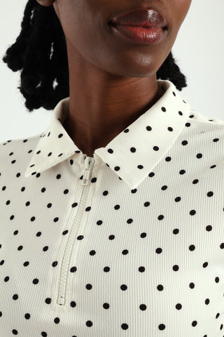 Short Sleeve Polka Ribb Zipped Golfer - White/Black