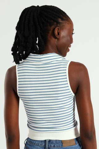 Sleeveless Stripe Seamless Johnny Collar Top - White/Blue