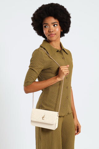 Updated Metal Logo Quilted Satchel Bag - Cream