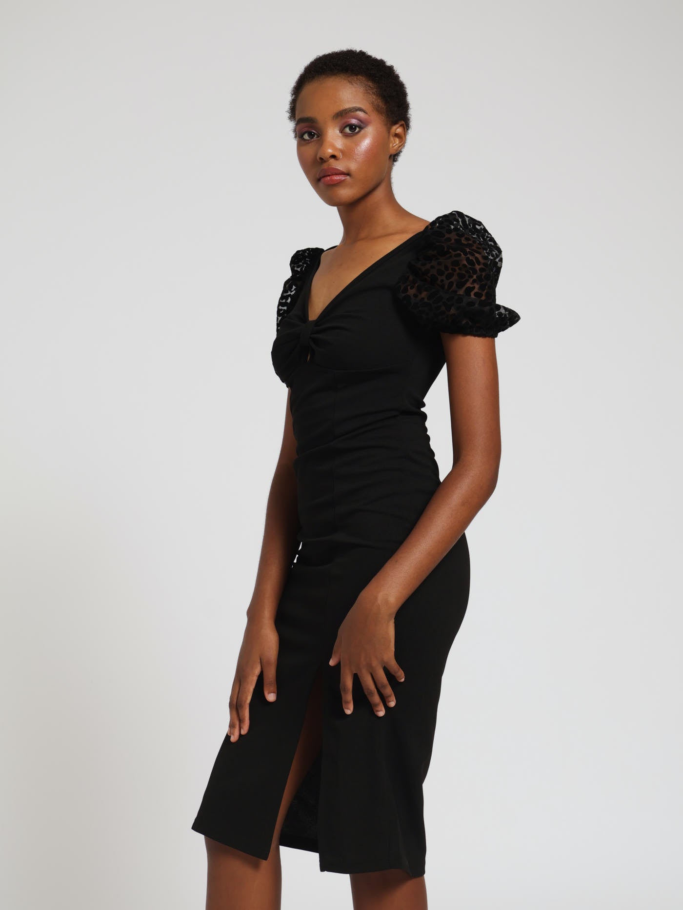 Bow Front Puff Sleeve Midi Dress