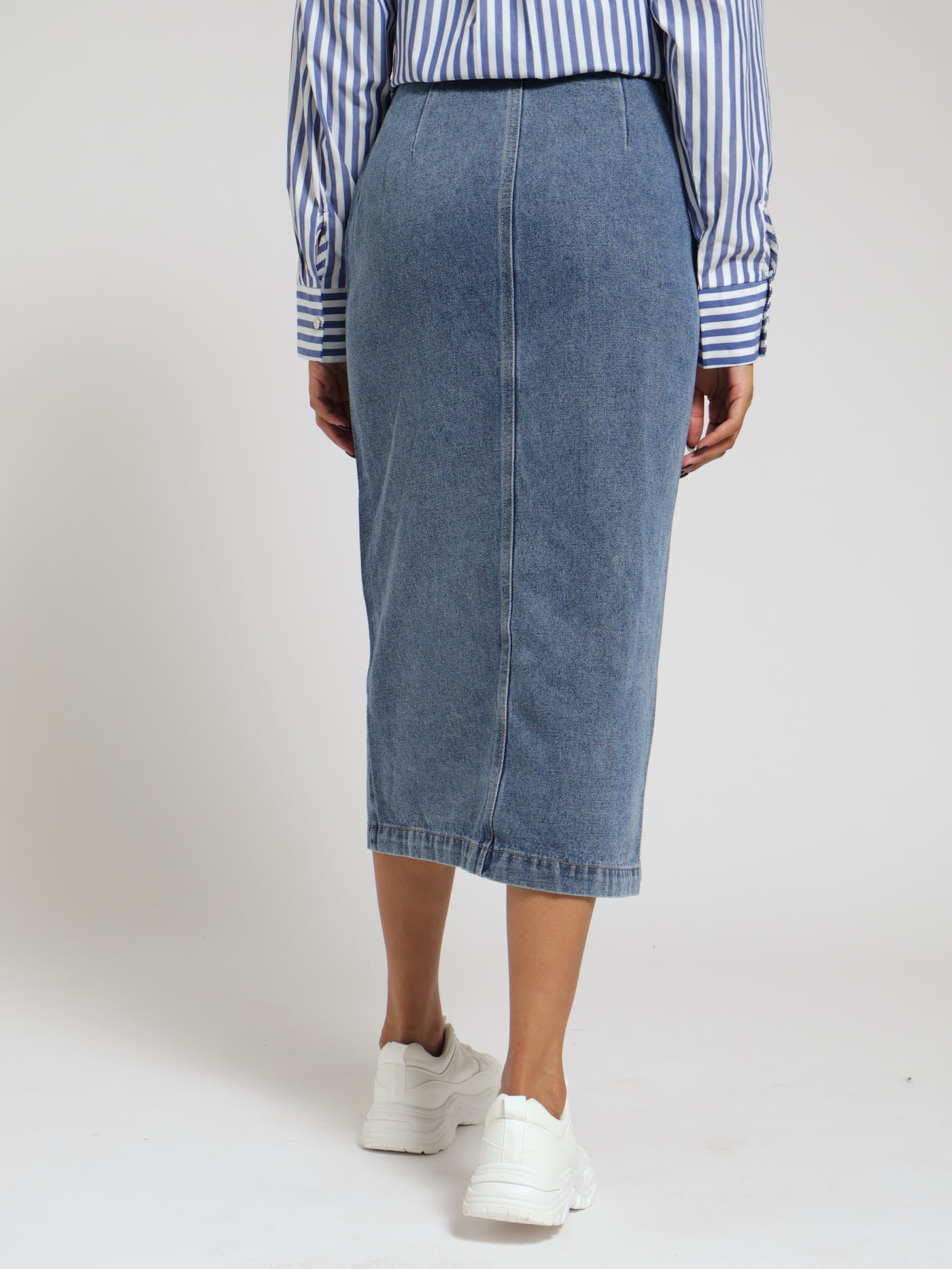 Women’s Ruby Demina Stone Wash Denim Midi Skirt – Stretch Cotton, 19-Inch Length