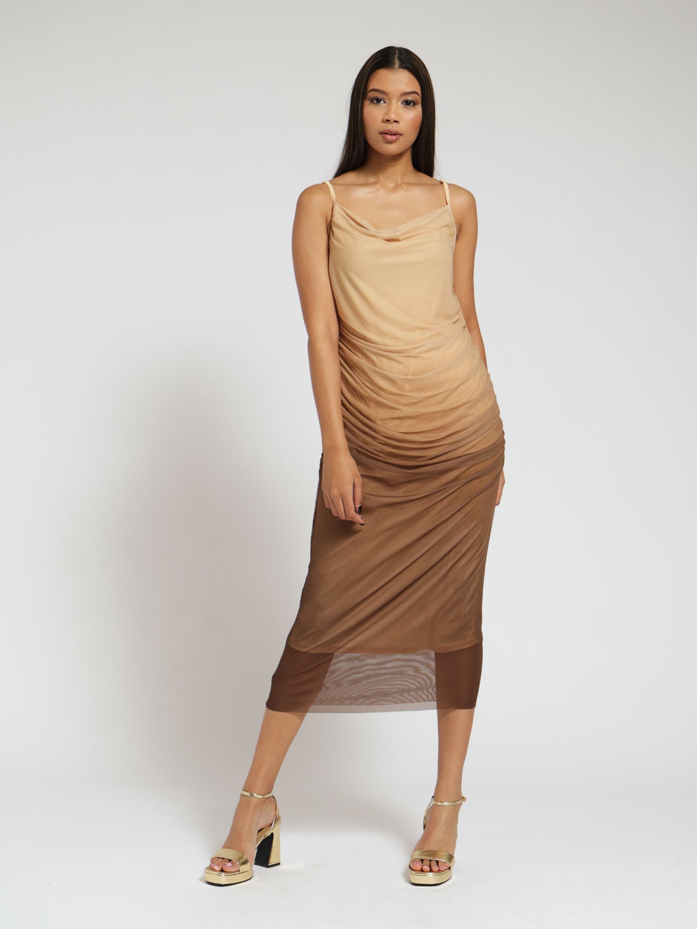 Ombre Mesh Ruched Midi Dress - Nude LEGiT Ombre Mesh Ruched Midi Dress - Nude LEGiT