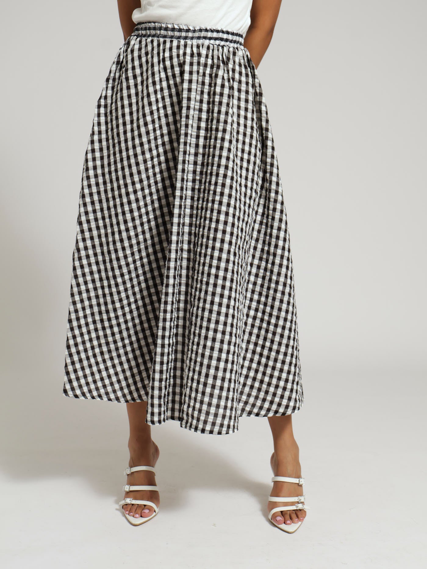 Flared Check Midi Skirt Black White LEGiT