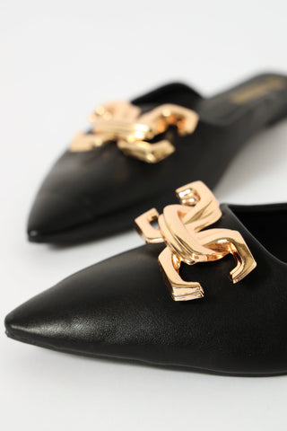 Pointy Push In Mule With Gold Detail - Black