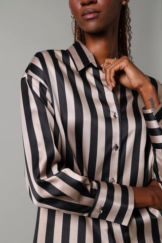 Long Sleeve  Stripe Satin Shirt- Beige/Black